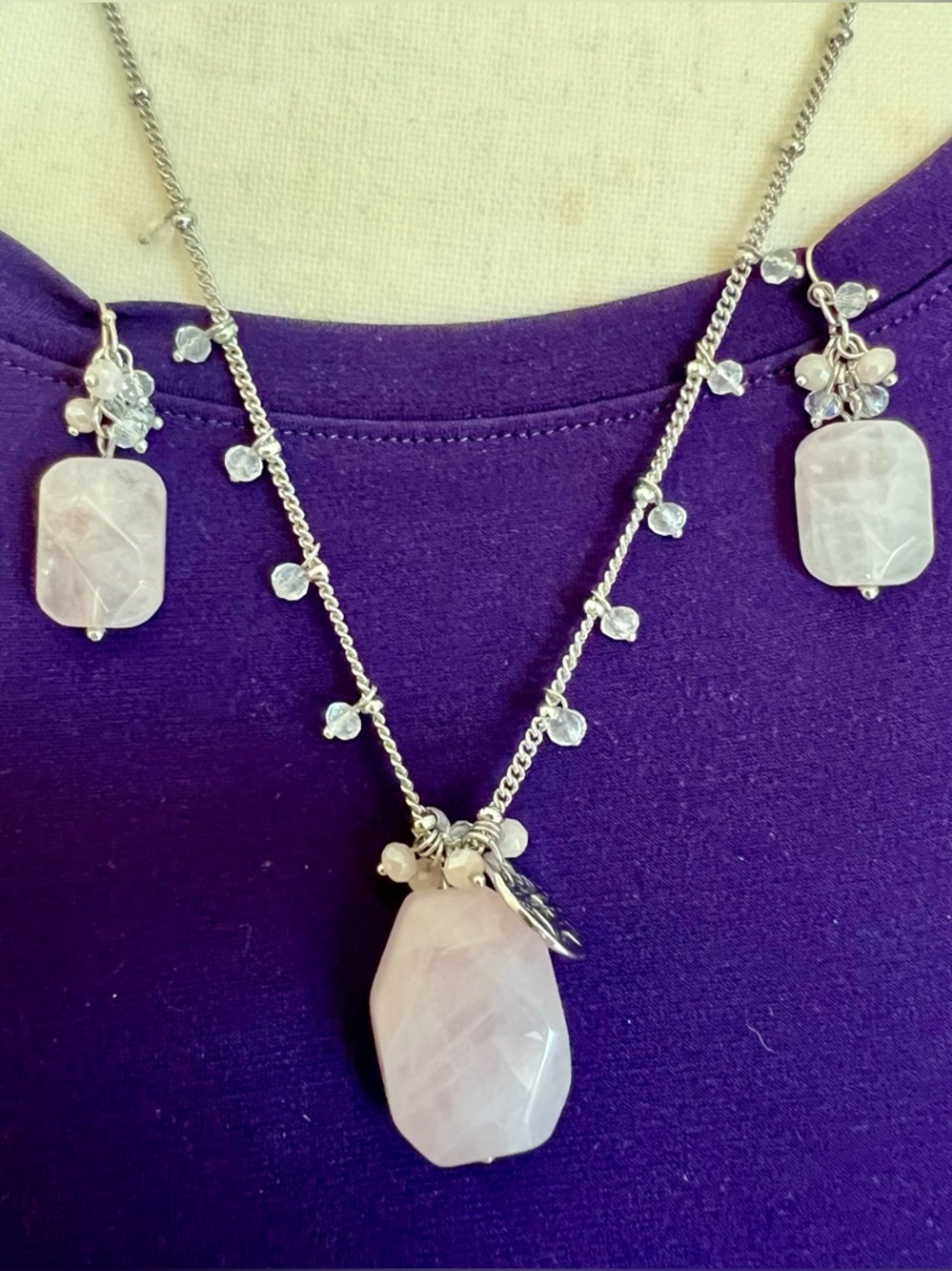 Chicos Jewelry Set Rose Quartz Necklace & Earrings, Silver Tone Chain EUC